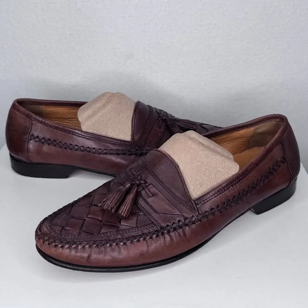 1990s Johnston & Murphy Brown Leather Preppy Woven Tassel Loafers Men’s 10.5M